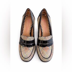 Betsey Johnson Rhinestone Loafers Black Patent Multicolor Sparkle Flats